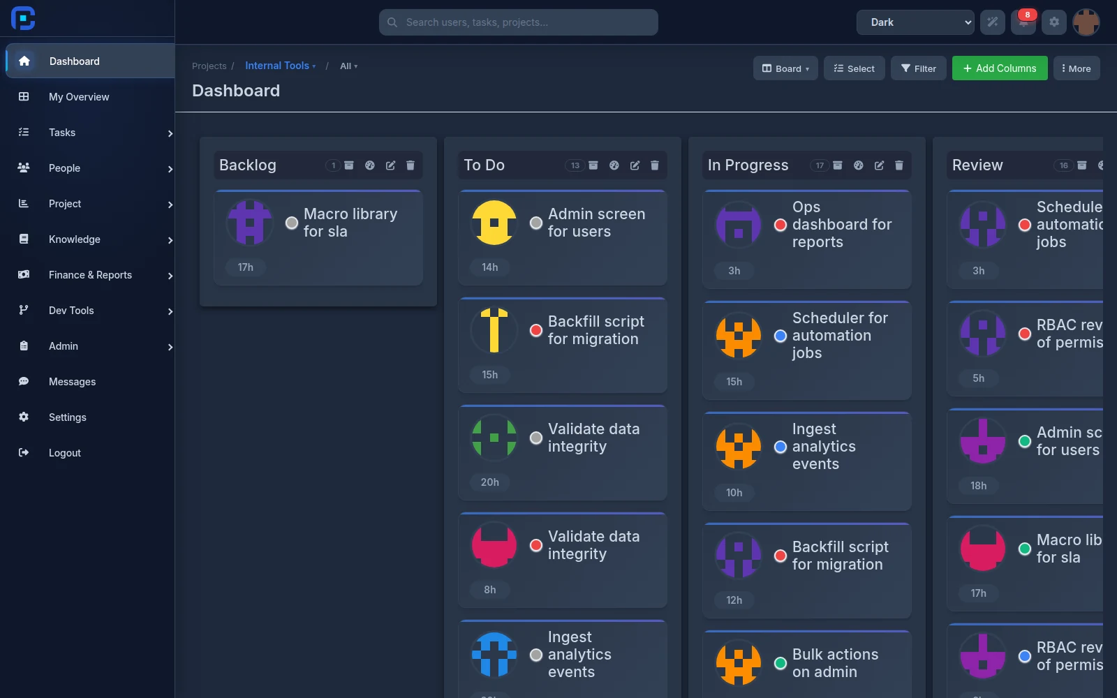 The WKFGo Kanban board — each task card is where linked commits, branches, and pull requests show up once connected